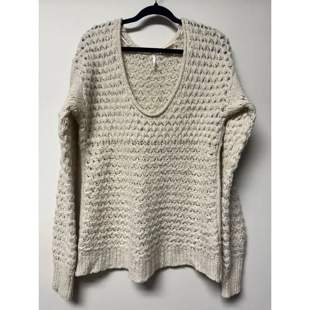 FREE PEOPLE Crashing Waves V-Neck Open Knit Slouchy Pullover Sweater Cream, Sz M